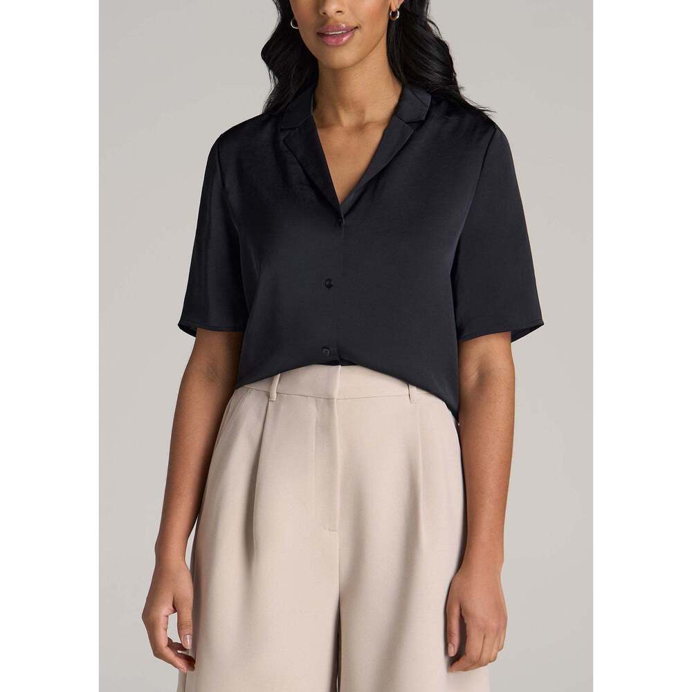 American Tall Notch Collar Satin Blouse for Tall Women in Black Size LL / Tall /